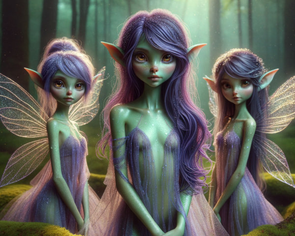 Delicate Fairies Among Lush Greenery in a Forest