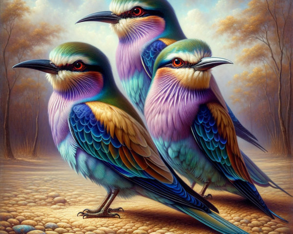 Vibrant Birds on Textured Ground with Dreamy Background