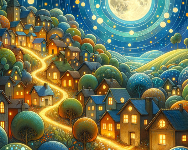 Whimsical Village Under a Starry Night Sky