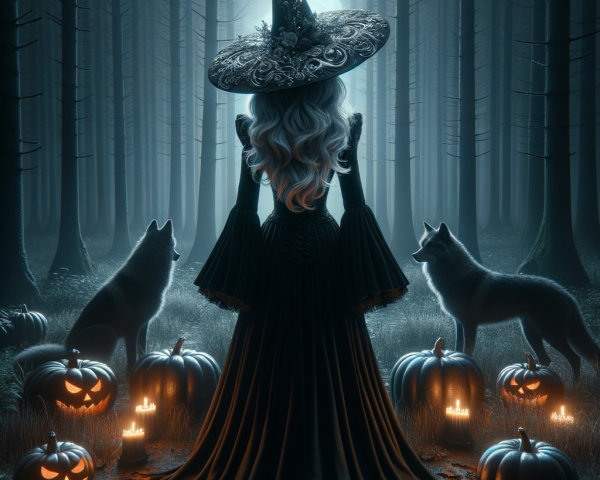 Mystical Forest Scene with Sorceress and Wolves