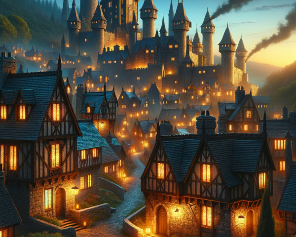 Medieval Village with Castle and Warm Cottage Lights