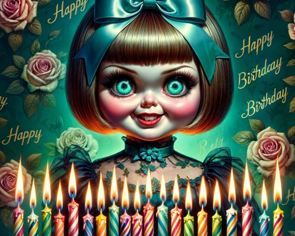 Whimsical Doll Surrounded by Birthday Candles and Roses