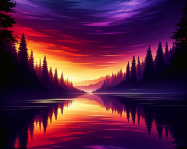 Vibrant Sunset Over Calm Lake and Evergreen Trees
