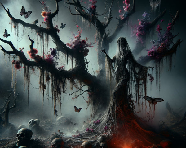 Haunting Scene with Ancient Tree and Ghostly Figure