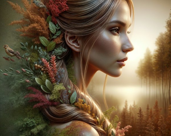 Profile of a Young Woman with Floral Hair Adornments