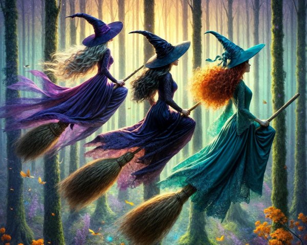 Witches Flying in a Mystical Forest with Broomsticks