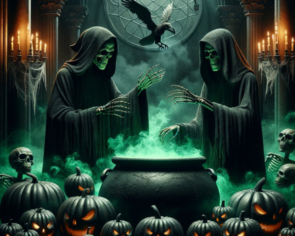Gothic Chamber with Skeletal Figures and Cauldron
