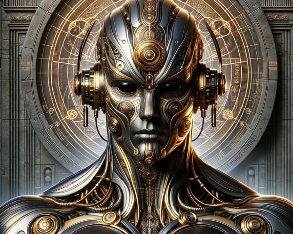 Futuristic humanoid robot with intricate gear backdrop