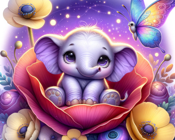 Cartoon Elephant in Colorful Flower with Butterflies