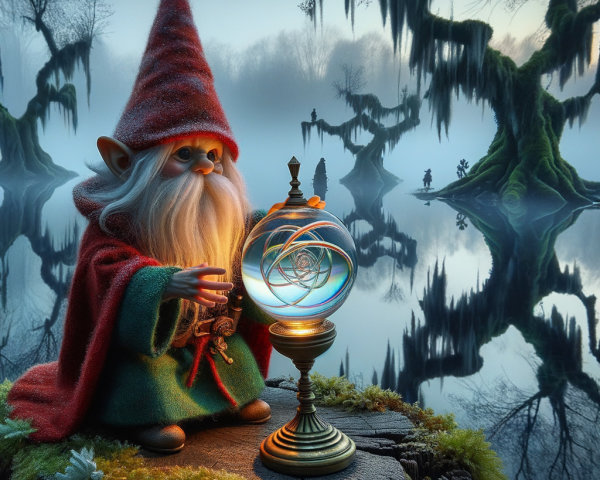 Whimsical Gnome with Crystal Ball in Enchanted Landscape