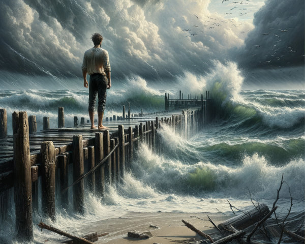 Lone Figure on Weathered Pier Overlooking Stormy Sea