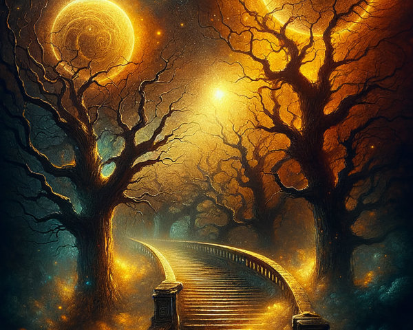 Mystical Landscape with Winding Staircase and Orbs