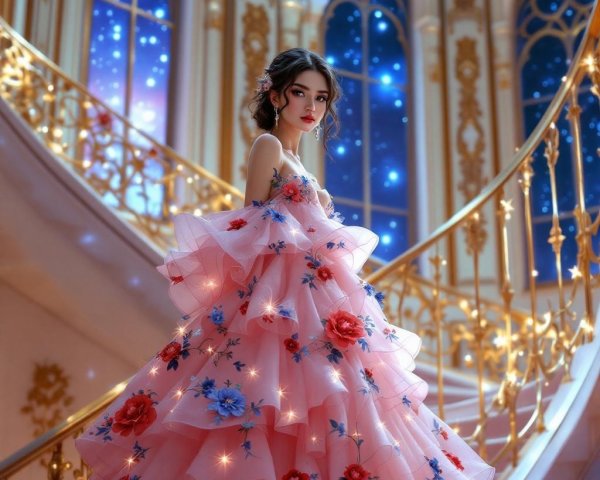 Young woman in pink gown on ornate staircase at night
