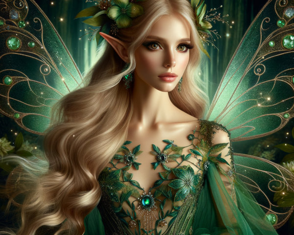 Fairy with Blonde Hair in Emerald Gown and Wings