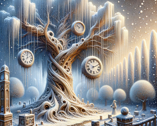 Surreal Scene of Colossal Tree with Clocks in Snow
