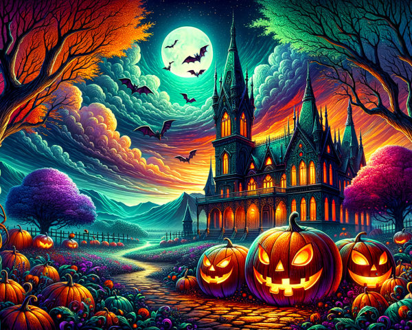 Vibrant Halloween Scene with Gothic Castle and Moon