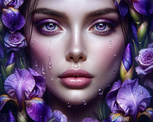 Close-Up of Woman with Purple Flowers and Dewy Skin