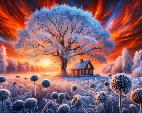 Winter Landscape with Cabin and Dramatic Sky