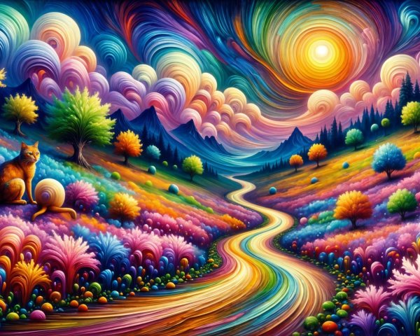 Vibrant Landscape with Colorful Trees and Cat