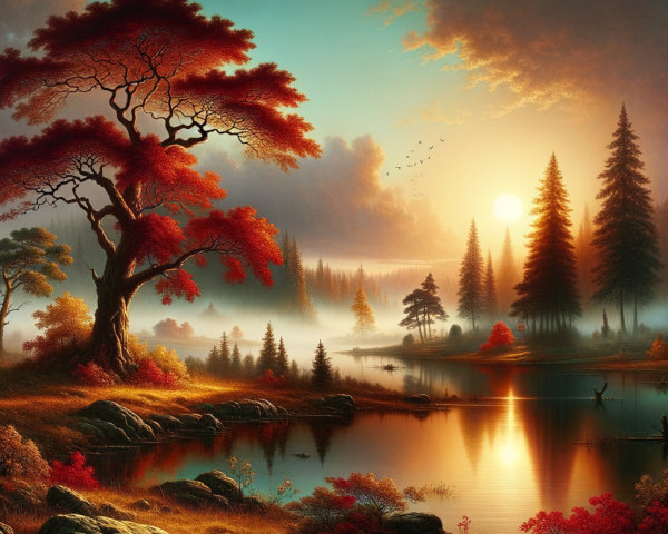 Vibrant Autumn Landscape with Majestic Tree and Water