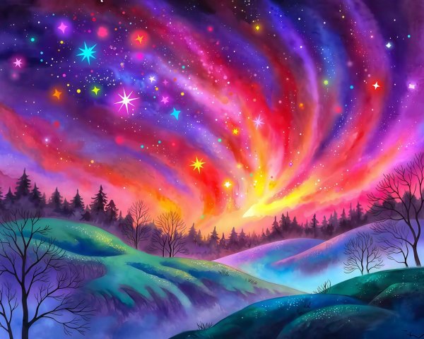 Colorful Watercolor Night Landscape with Aurora Borealis