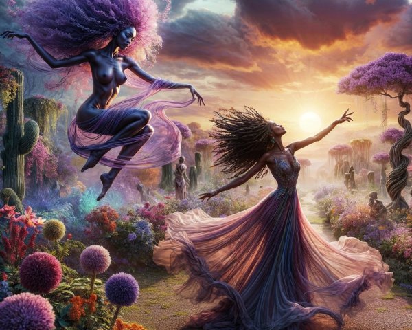 Ethereal Figures Dancing in a Vibrant Landscape