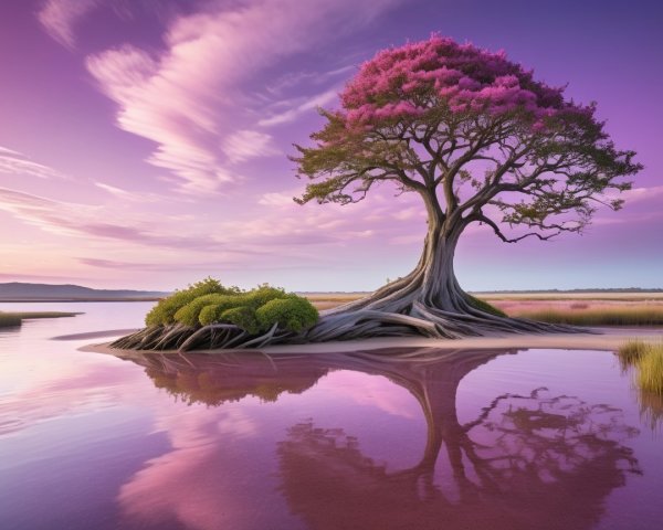 Majestic tree with pink blossoms by serene lake