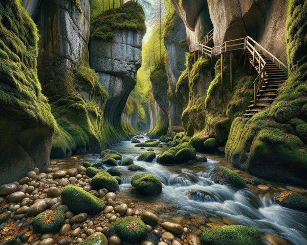 Serene Canyon with Moss-Covered Cliffs and Stream