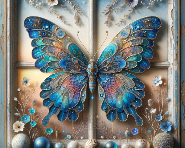 Vibrant Blue Butterfly in Derelict Window Frame