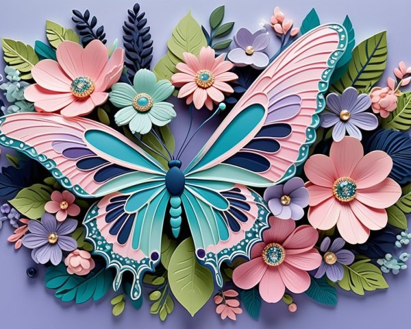 3D Butterfly Composition with Colorful Flowers and Leaves