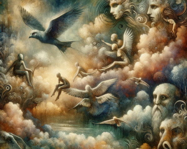 Dreamlike Sky with Abstract Figures and Surreal Elements