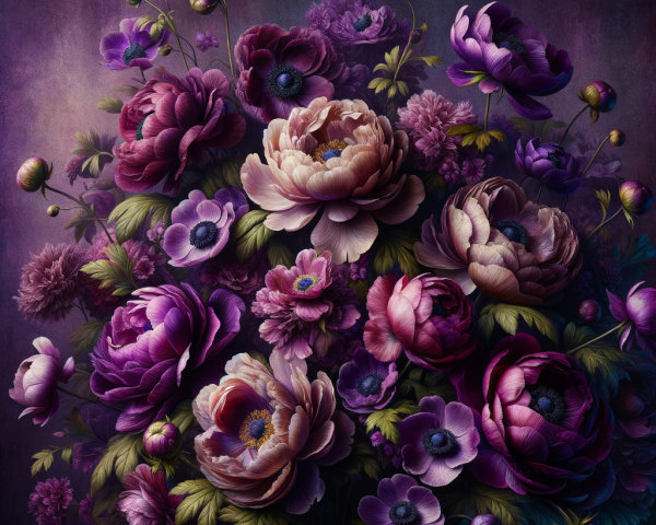 Lush Bouquet of Purple and Pink Flowers with Detail