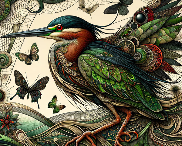 Vibrant Bird Artwork with Patterns and Butterflies