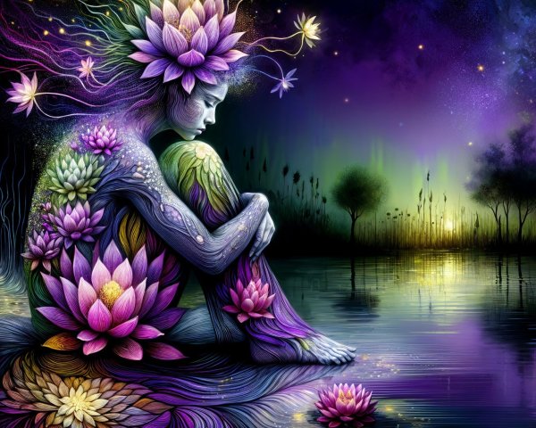 Serene Figure Surrounded by Lotus Flowers and Water