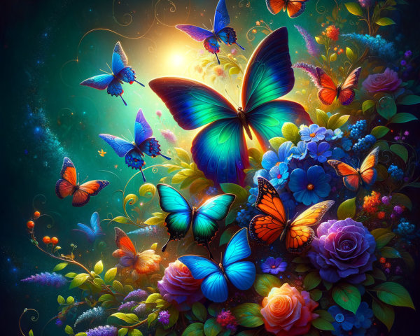 Vibrant Butterflies Among Colorful Flowers in Light