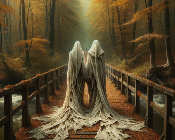 Ethereal Figures in a Serene Autumn Forest Scene