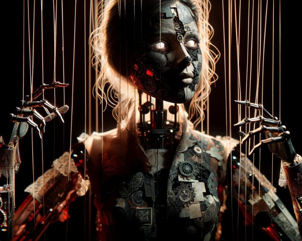 Humanoid Robot with Mechanical Features and Glowing Eyes