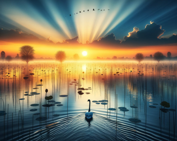 Serene Dawn Landscape with Lake and Silhouetted Trees