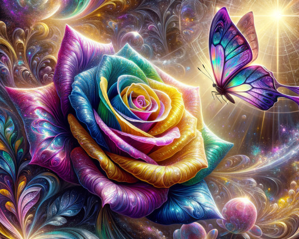 Vibrant Multicolored Rose with Shimmering Butterfly