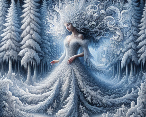 Mystical Figure in White Gown in Winter Landscape