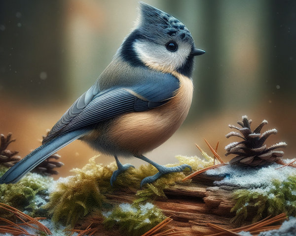 Charming Bird with Blue Crest in Winter Forest Setting