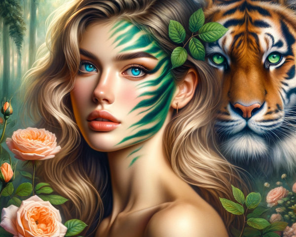 Portrait of a woman with tiger-inspired face markings