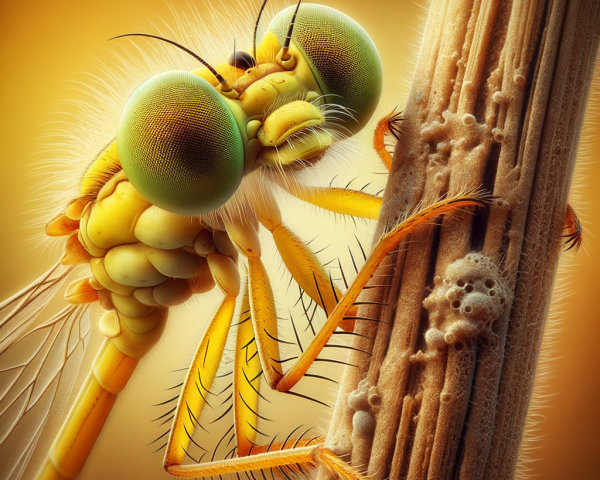 Close-up of a yellow dragonfly nymph on textured surface