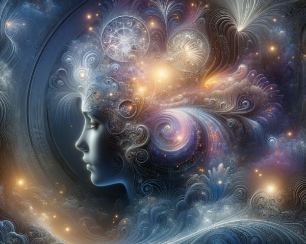 Surreal Portrait of Feminine Figure with Cosmic Elements
