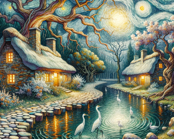 Twilight Scene of Cottages by a Serene River
