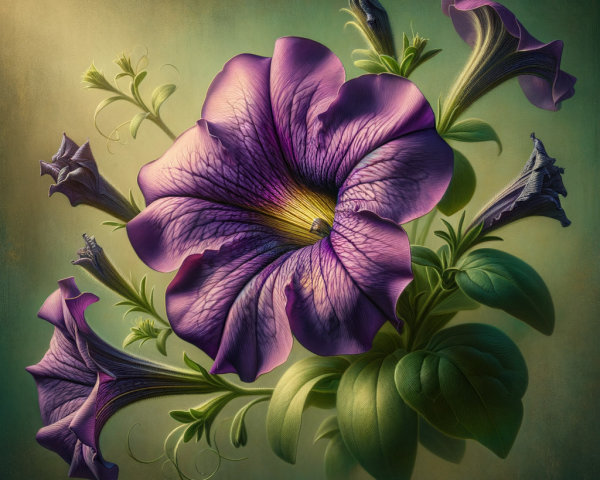 Large Purple Petunia Flower with Buds and Green Leaves