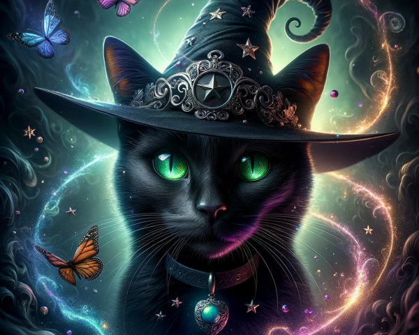 Mystical Black Cat with Witch's Hat and Cosmic Patterns