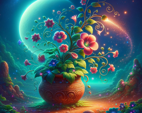 Colorful Flowers in a Dreamlike Celestial Landscape