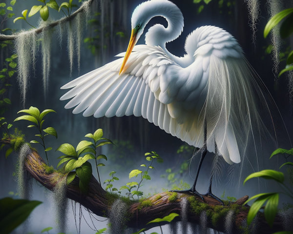 White Egret on Mossy Log in Misty Bayou Setting
