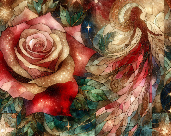 Vibrant Stained Glass Design of Rose and Ethereal Figure